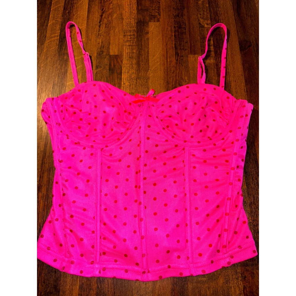 Pretty Garbage Neon Pink Red Polka Dot Corset Top Cami Zip Back Medium